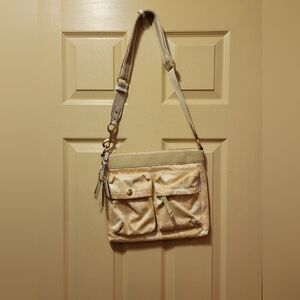 Coach Yellow, White, and Beige Monogram Crossbody Bag With Two Exterior Pockets